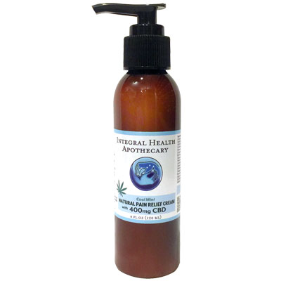 A 4 fluid ounce pump bottle of our Integral Herbal Pain Relief Cream with Hemp Oil which has many fans for its ability to soothe the injuries and arthritic joints typical of Lyme and Aging.